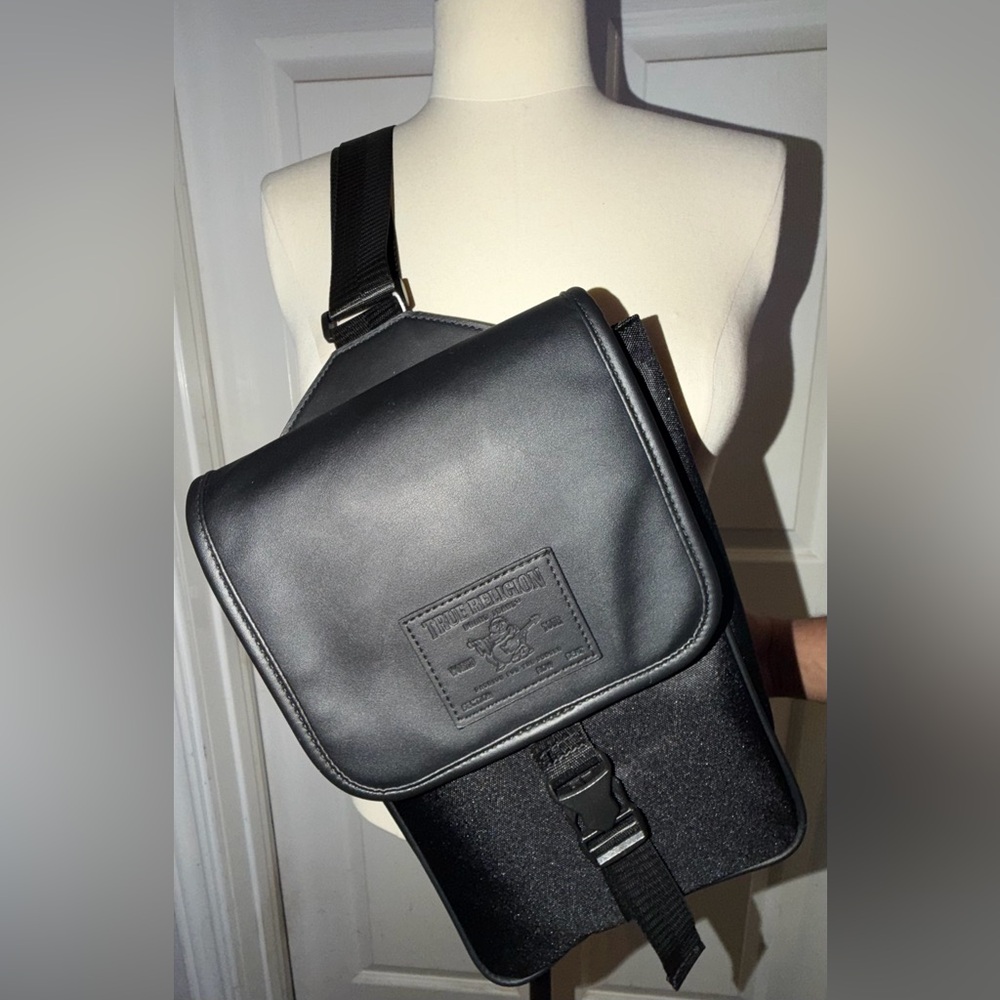 True Religion Black Men's Sling Crossbody Bag with Embossed Logo